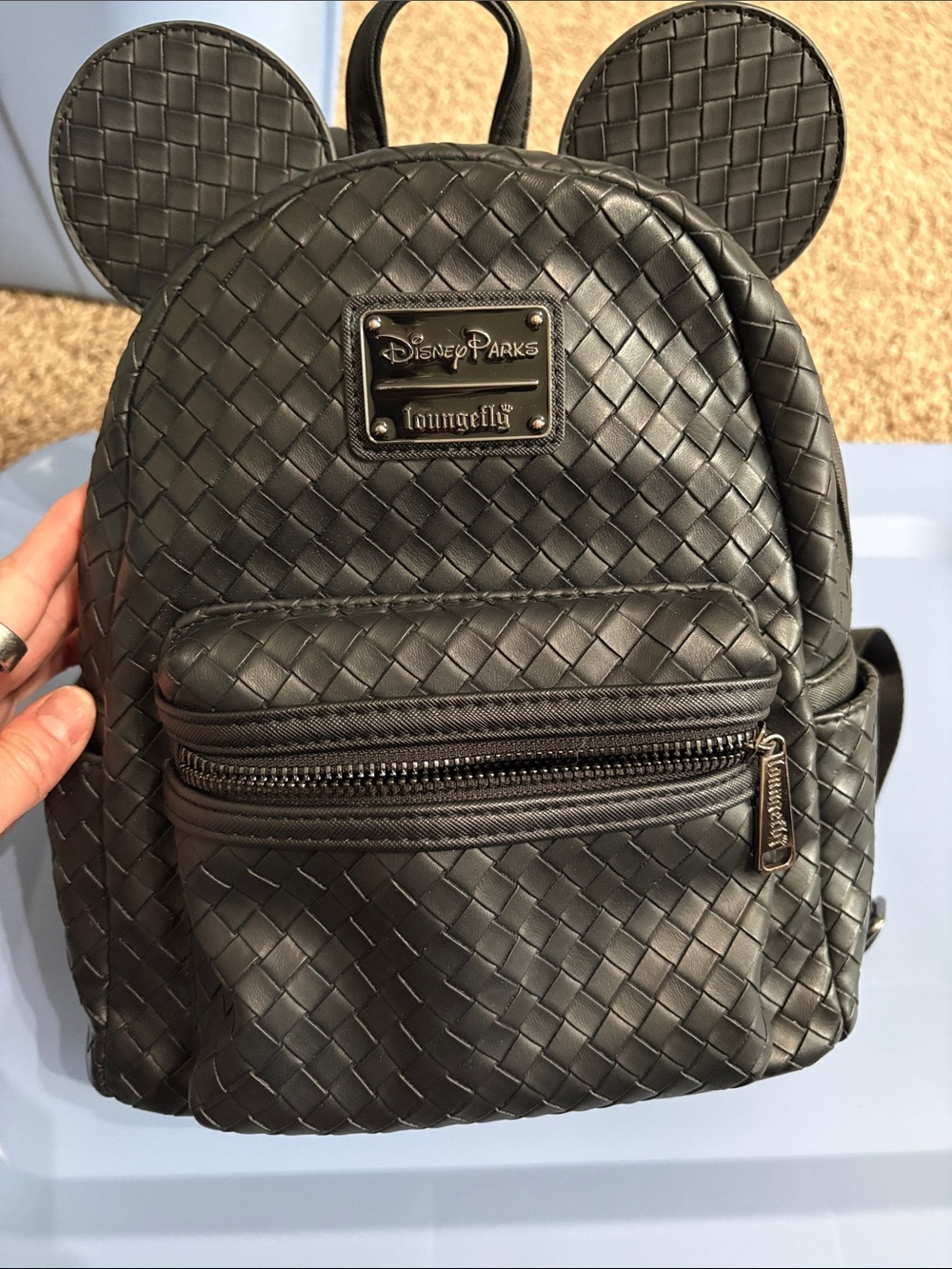 Loungefly Black Woven Faux Leather Mini Backpack with Mouse Ears